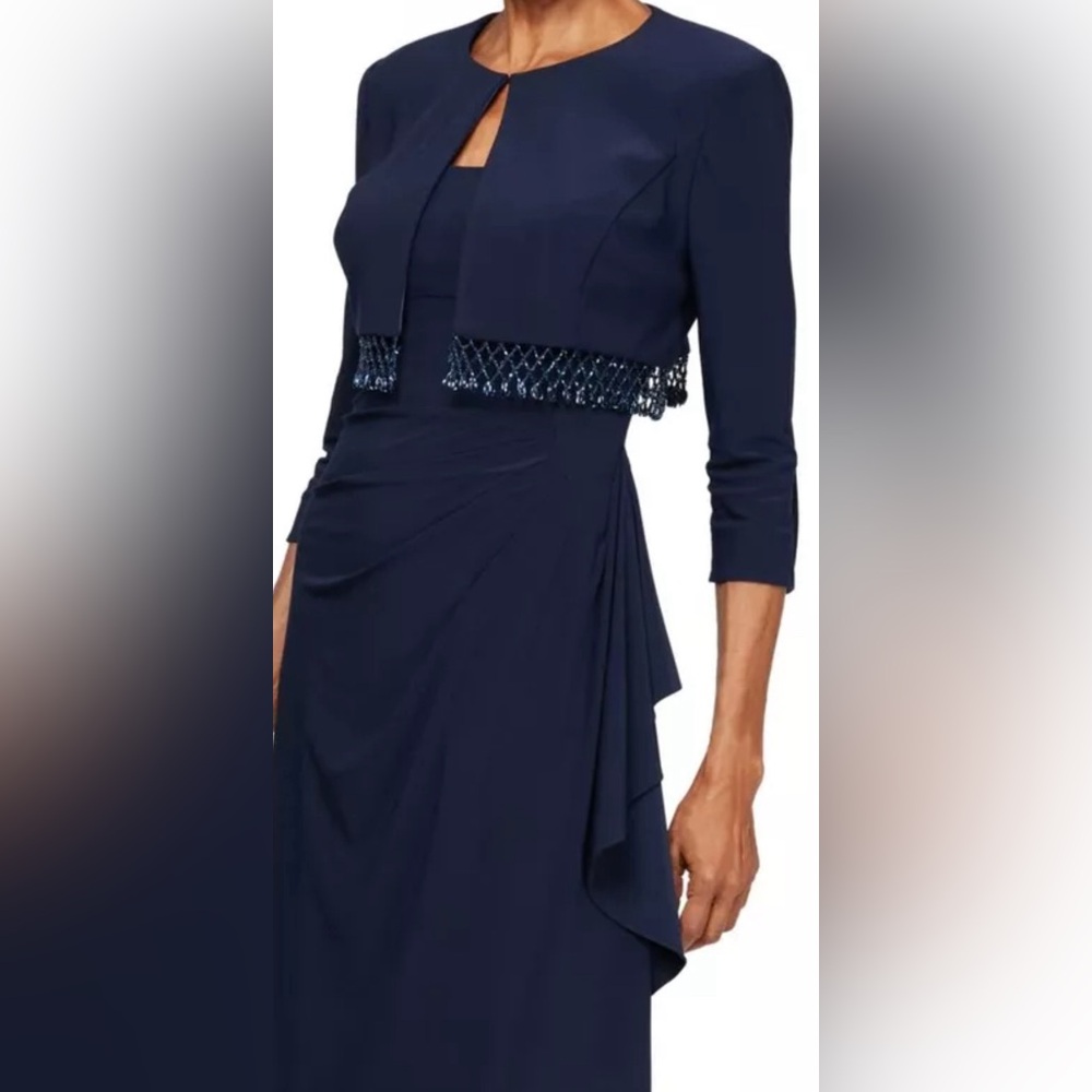 ALEX EVENINGS Womens Navy 3/4 Sleeve Open Cardigan Formal Top Size: 16. NWOT